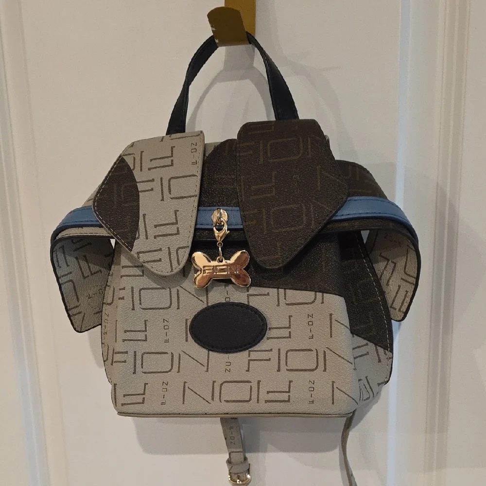 FION Brown & Cream Backpack with Blue Trim